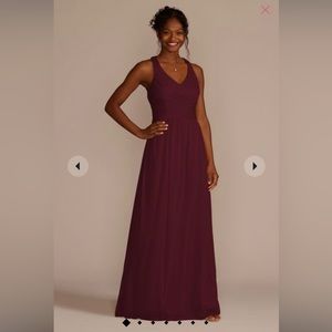 David’s Bridal Mesh Long Bridesmaid Dress with Crisscross Back (WINE color)